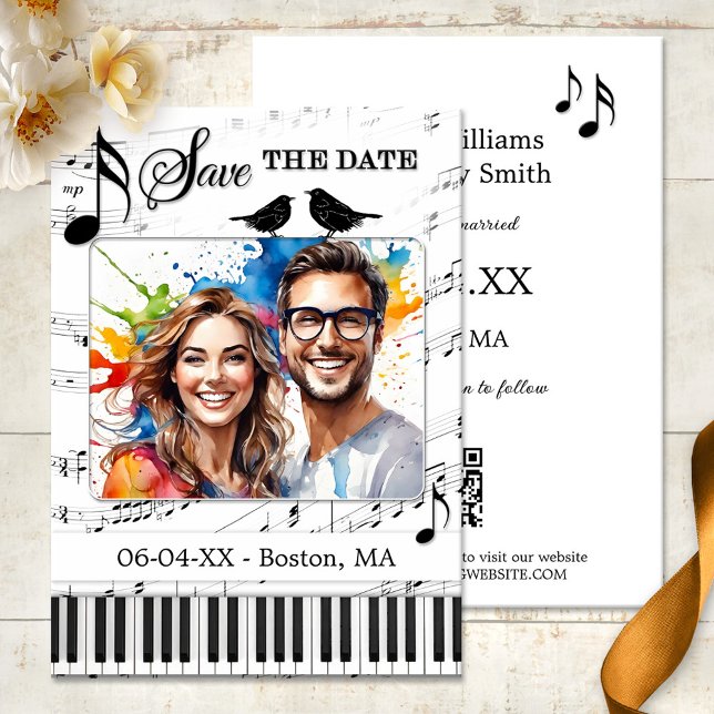 Fun Music Black and White Foto Save the Date Ankündigung (Save the Date card with your photo on a black and white design with musical notes, keyboard and bird)