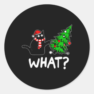 Fun Naughty Black Cat Pushing Weihnachtsbaum über Runder Aufkleber