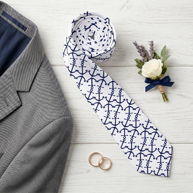 Fun nautical Dark Blue Anchor Muster auf Weiß Krawatte (Von Creator hochgeladen)