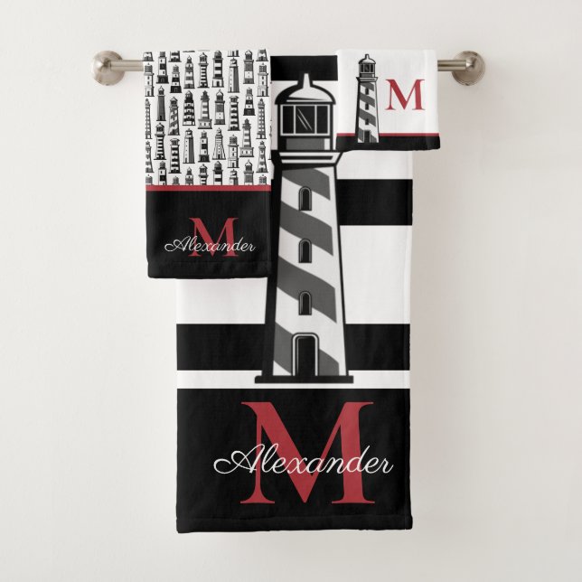 Fun Nautical Red Schwarz-weiß Stripe Lighthouse Badhandtuch Set (Insitu)