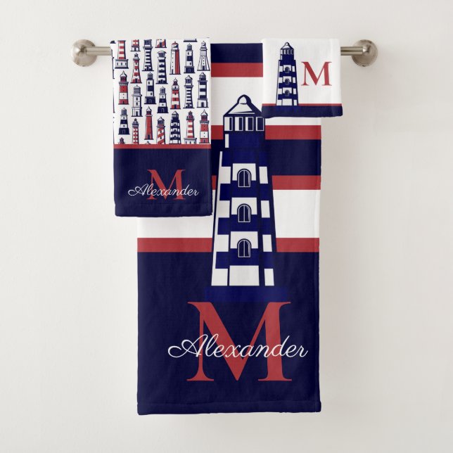 Fun Nautical Red White Navy Blue Stripe Leuchtturm Badhandtuch Set (Insitu)