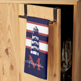 Fun Nautical Red White Navy Blue Stripe Leuchtturm Geschirrtuch