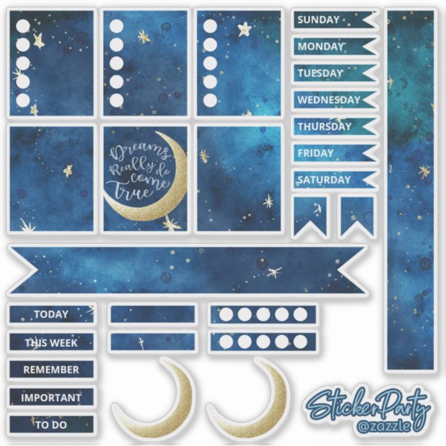Fun Navy Blue & Gold Moon & Stars Planer Sticker (Vorderseite)