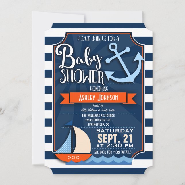Fun, Navy, Orange, White Nautical Baby Show Einladung (Vorderseite)