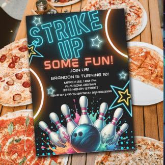 Fun Neon Bowling Birthday Party Einladung
