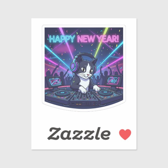 Fun Neon DJ Party Cat Music Vibe New Year  Aufkleber (Blatt)