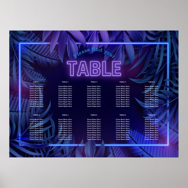 Fun Neon Glow Geburtstag herunterladbare Sitzkarte Poster (Vorne)