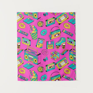 Fun Neon Pink Retro 80er 90er Tech Bright Muster Wandteppich