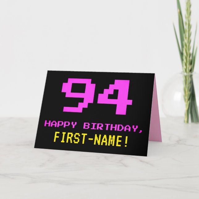 Fun, Nerdy, Geeky, Pink, 8-Bit Style 94th Birthday Karte (Vorderseite)