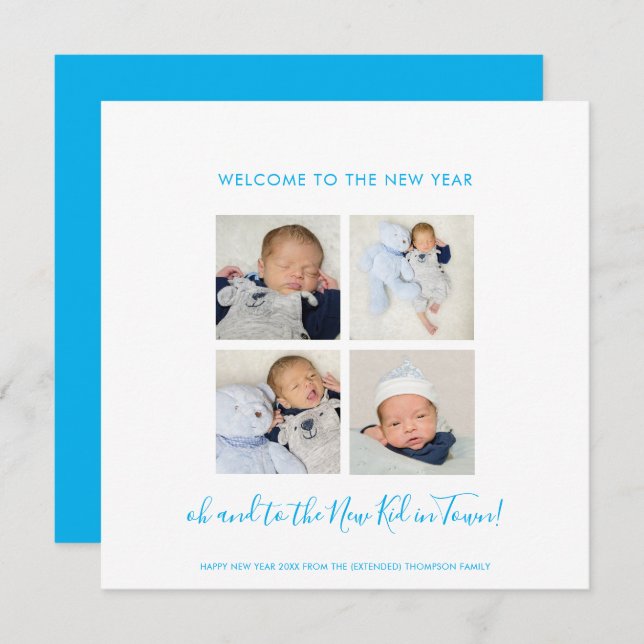 Fun New Baby Happy New Year 4 Foto Collage Blue (Vorne/Hinten)