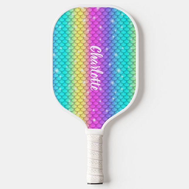 Fun Niedlich Girly Sparkling Rainbow Mermaid Scale Pickleball Schläger (Vorderseite)