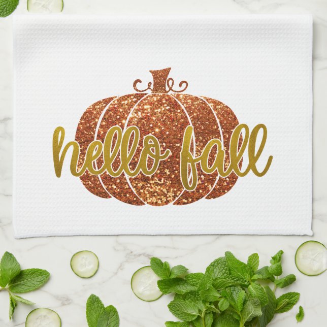 Fun Niedlich Gold Glitzer Hello Fall Pumpkin Geschirrtuch (Gefaltet)