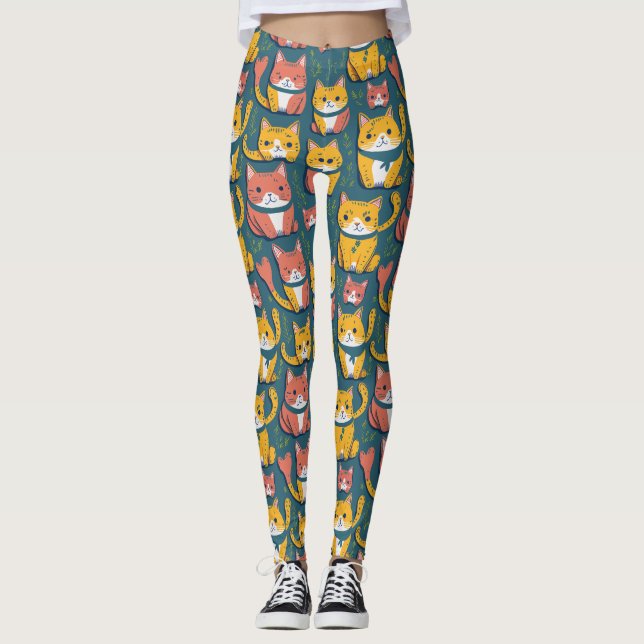Fun Niedliche farbenfrohe Kawaii Kitty Yellow Cats Leggings (Vorderseite)