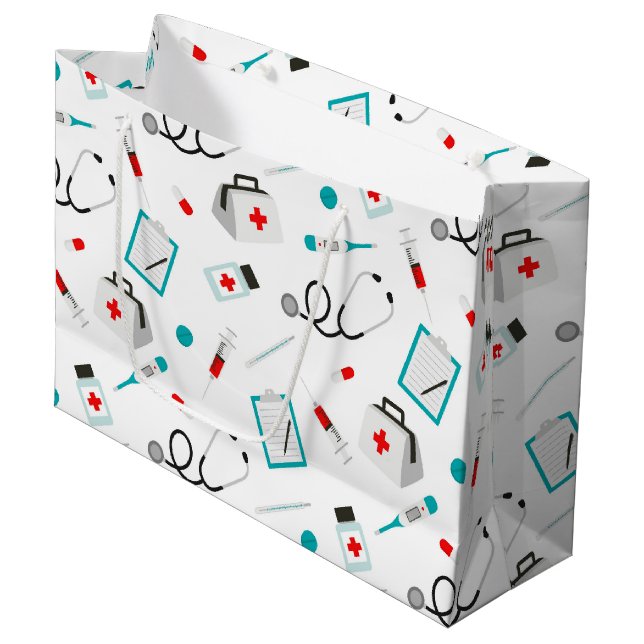 Fun Nurse Equipment Muster Party Tasche Große Geschenktüte (Vorderseite Schrägansicht)