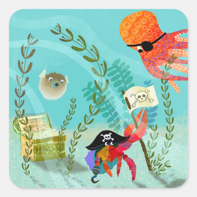 Fun Ocean Friends Kids Party Paper Plate Quadratischer Aufkleber (Vorderseite)