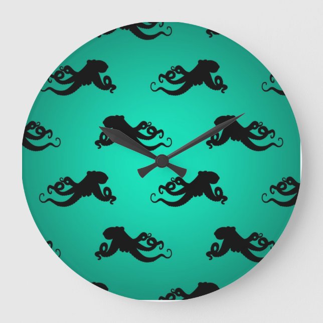 Fun Octopus-Silhouetten auf Grün Große Wanduhr (Vorderseite)