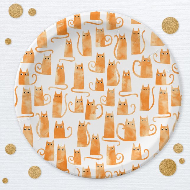 Fun Orange Cat Pappteller (Watercolor Orange Ginger Cat pattern fun party paper plates)