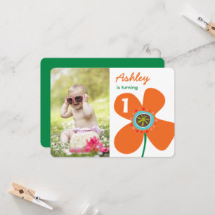 Fun Orange Daisy Pop Niedliches Foto Girl 1. Gebur Einladung