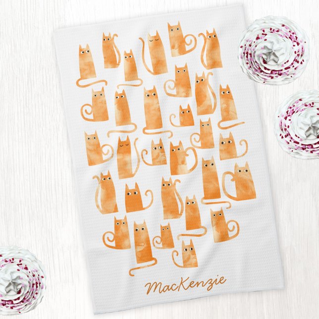 Fun Orange Ginger Cat Personalisiert Geschirrtuch (Orange ginger cat watercolor personalized custom name kitchen tea towel)