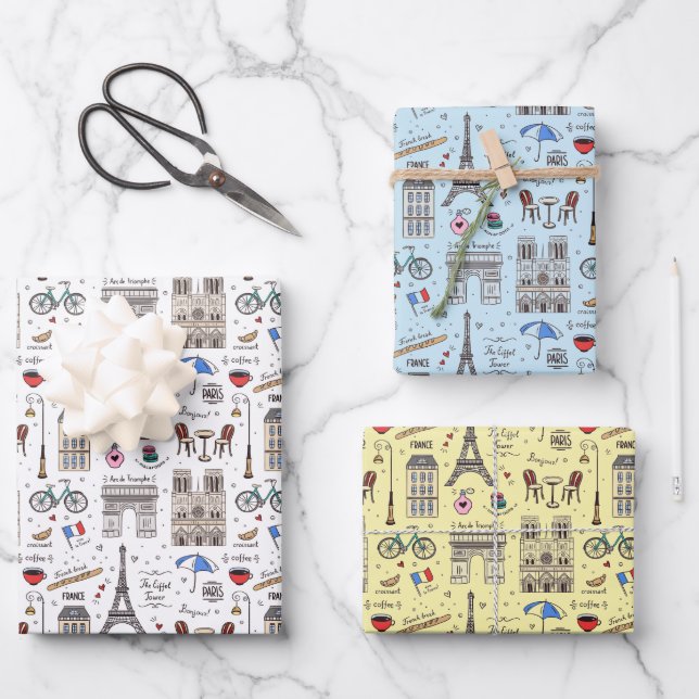Fun Paris Doodles - 3 Farben Geschenkpapier Set (Vorderseite)