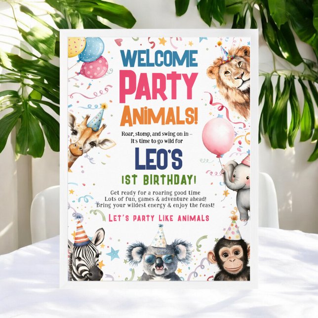 Fun Party Tiere 1. Geburtstag Willkommen Poster (Fun Party Animals 1st birthday Welcome Poster)