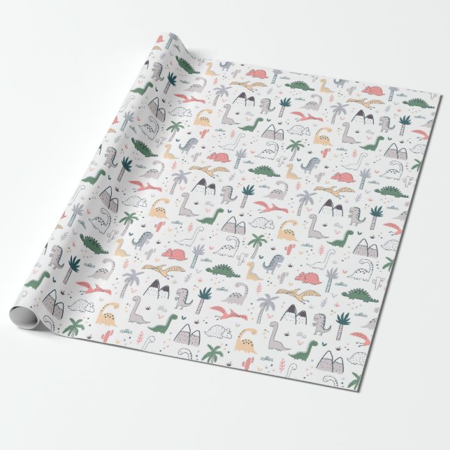 Fun Pastel Dinosaur Scene Pattern Geschenkpapier (Ungerollt)