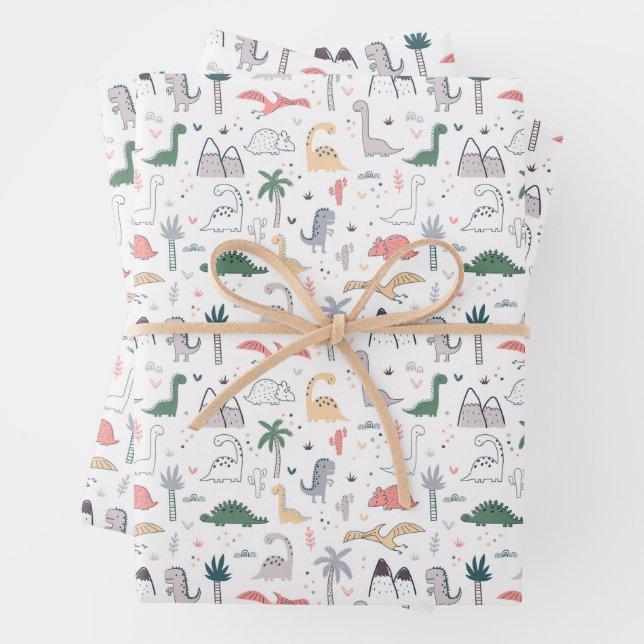 Fun Pastel Dinosaur Scene Pattern Geschenkpapier Set (Beispiel)