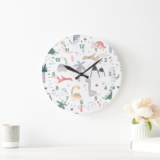 Fun Pastel Dinosaur Scene Pattern Große Wanduhr (Zuhause)