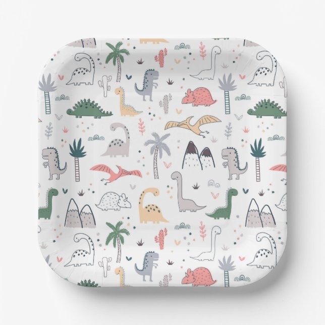 Fun Pastel Dinosaur Scene Pattern Pappteller (Vorderseite)