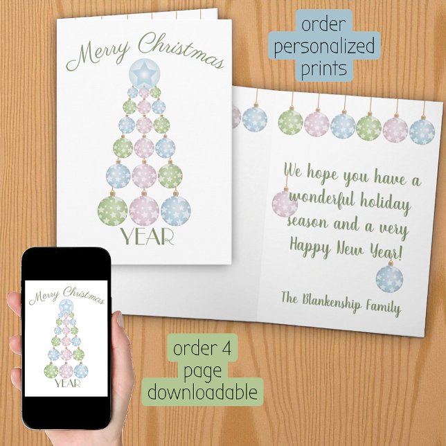 Fun Pastel Weihnachtsbaum Ornamente Personalisiert Karte (Christmas card template printed and as a download)