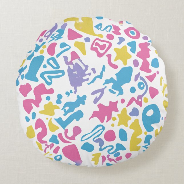 Fun pastellfarbene, lebendige Formen Rundes Kissen (Vorderseite)