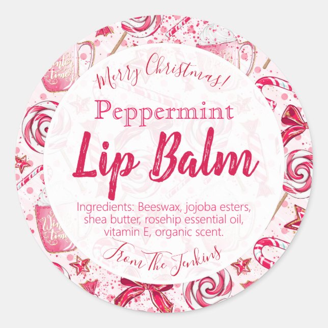 Fun Peppermint Candy Christmas Lip Balm Label Runder Aufkleber (Vorderseite)