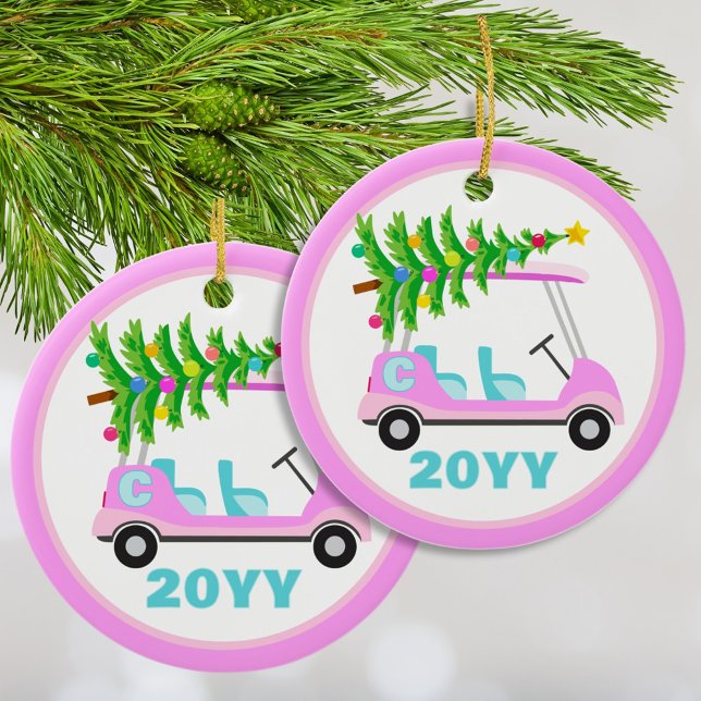 Fun Personalisiert Pink Golf Cart Weihnachtsbaum Keramik Ornament (A bright Christmas tree atop a fun pink golf cart. This unique monogram ornament makes a great gift.)