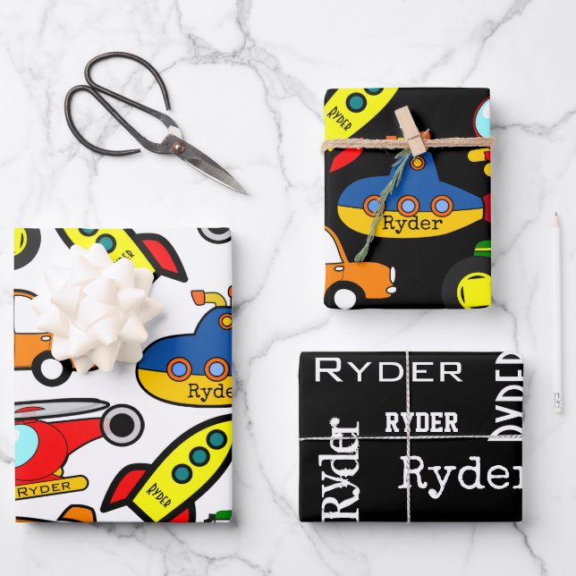 Fun Personalisierte Transportarten Geschenkpapier Set (Vorderseite)