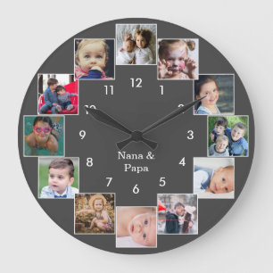 Fun Photo Collage Family Gray Große Wanduhr
