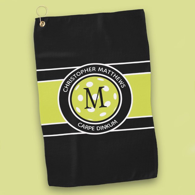 Fun Pickleball Funny Quote Name Initial Black Golfhandtuch (Pickleball Funny Custom Quote Name Initial Black Golf Towel)