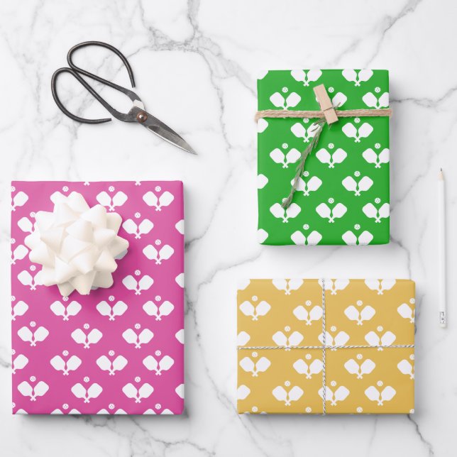 Fun Pickleball Paddle und Ball Pink Rosa Gelb Geschenkpapier Set (Vorderseite)