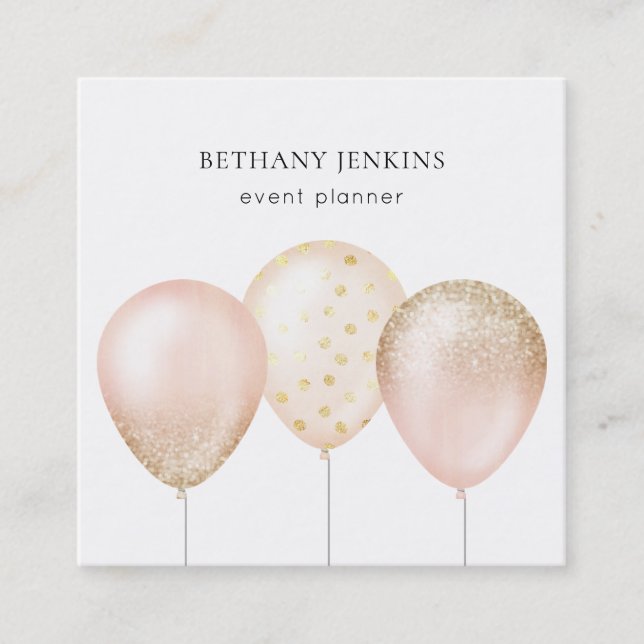 Fun Pink and Gold Balloons Glitzer Business Card Quadratische Visitenkarte (Vorderseite)