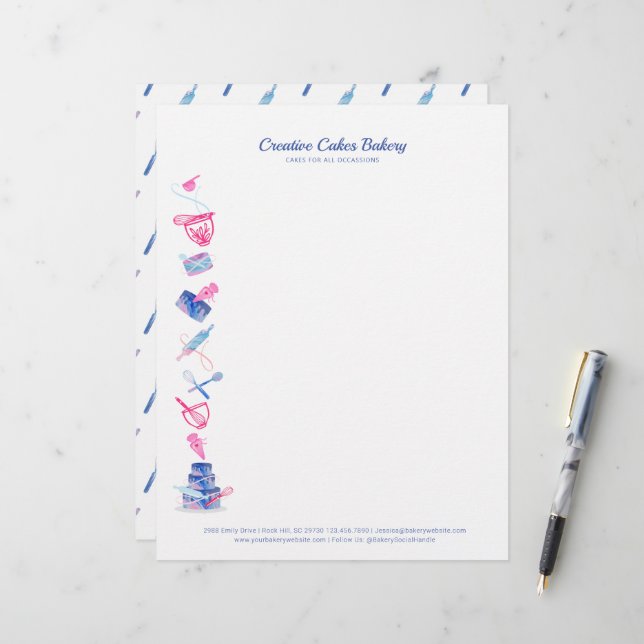 Fun Pink & Blue Bäckerei Kuchen Shop Backtools Briefbogen (Vorderseite/Rückseite Beispiel)