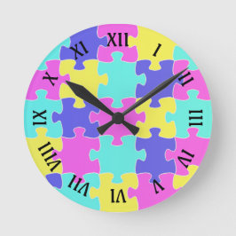 Fun Pink Blue Yellow & Lila Jigsaw Puzzlestücke Runde Wanduhr
