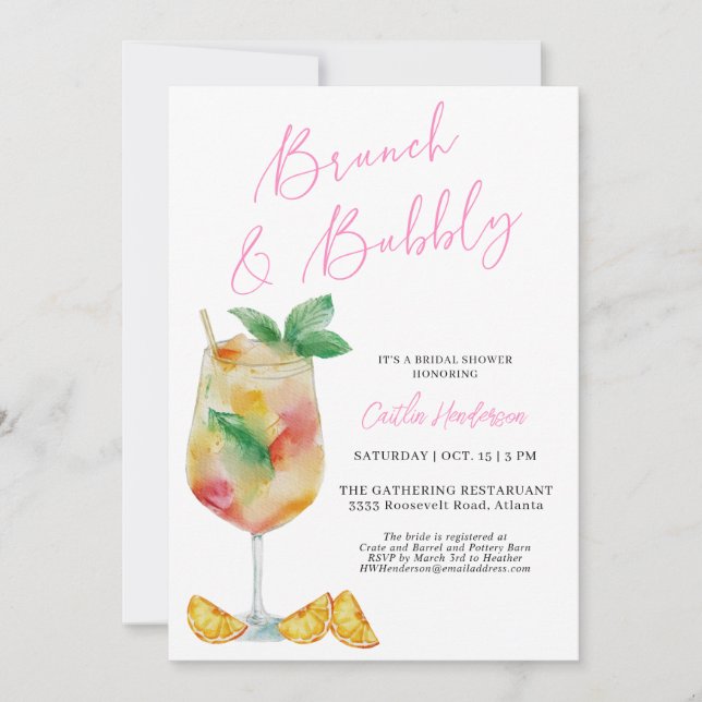 Fun Pink Brunch und Bubbly Champagne Brautparty Einladung (Vorderseite)