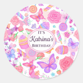 Fun Pink Butterfly, Cupcake, Candy Pattern Runder Aufkleber