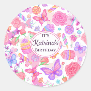 Fun Pink Butterfly, Cupcake, Candy Pattern Runder Aufkleber