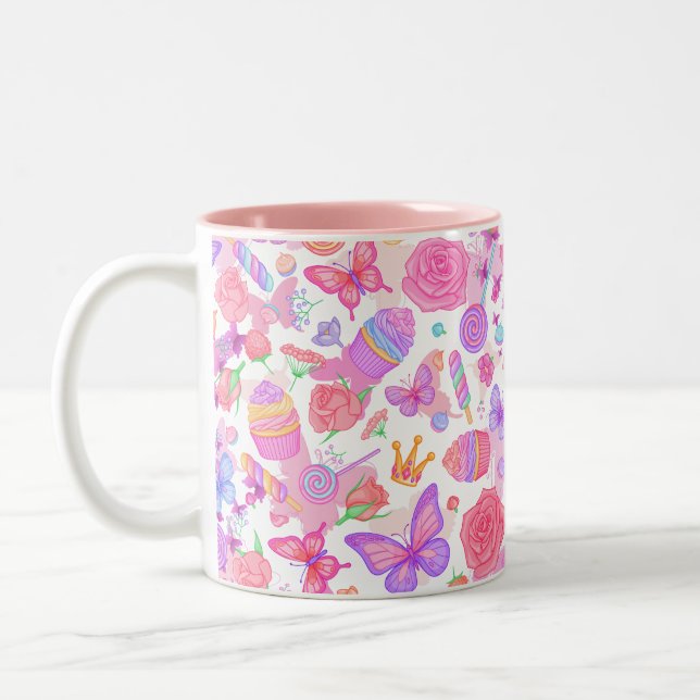 Fun Pink Butterfly, Cupcake, Candy Pattern Zweifarbige Tasse (Links)