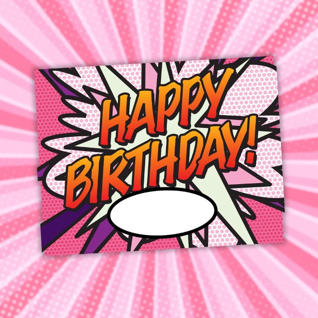 Fun Pink Comic Buch GLÜCKLICH GEBURTSTAG Postkarte (Fun Pink Comic Book HAPPY BIRTHDAY Postcard)