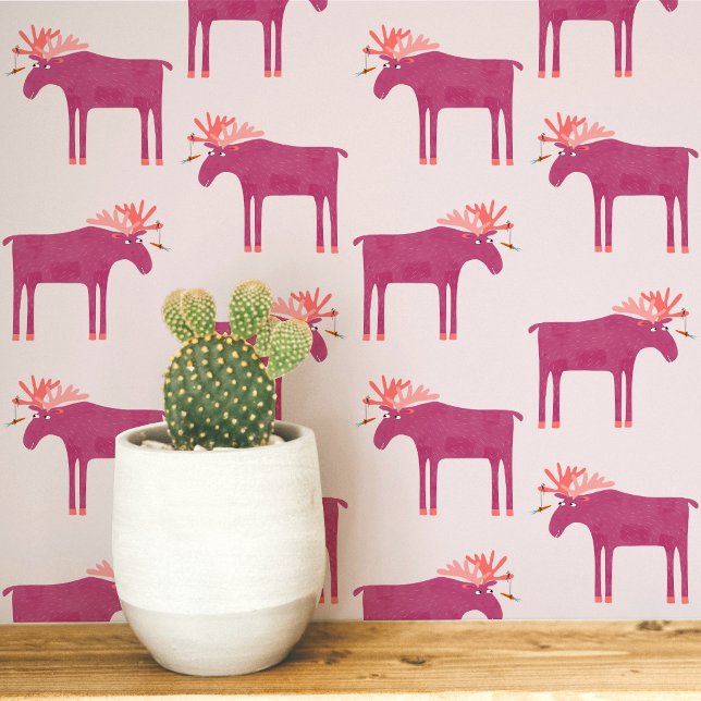 Fun Pink Elk Muster Tapete (Fun pink moose or elk animal pattern peel and stick art wallpaper)