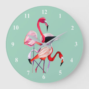 Fun pink Flamingo Aquarellbild Große Wanduhr