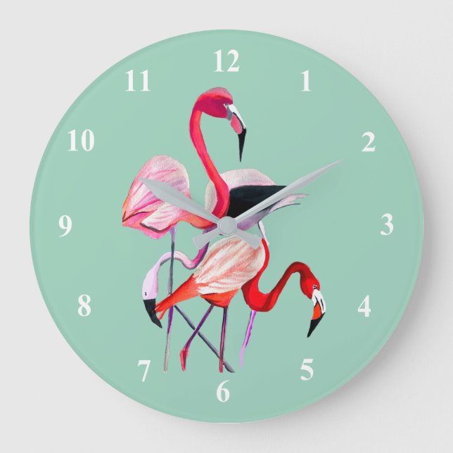 Fun pink Flamingo Aquarellbild Große Wanduhr (Vorderseite)