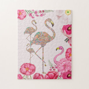 Fun Pink Flamingo surreale Collage mit Blume Puzzle