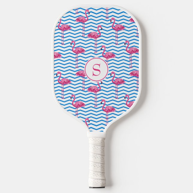 Fun Pink Flamingos Zickzack Muster und Blau Pickleball Schläger (Vorderseite)